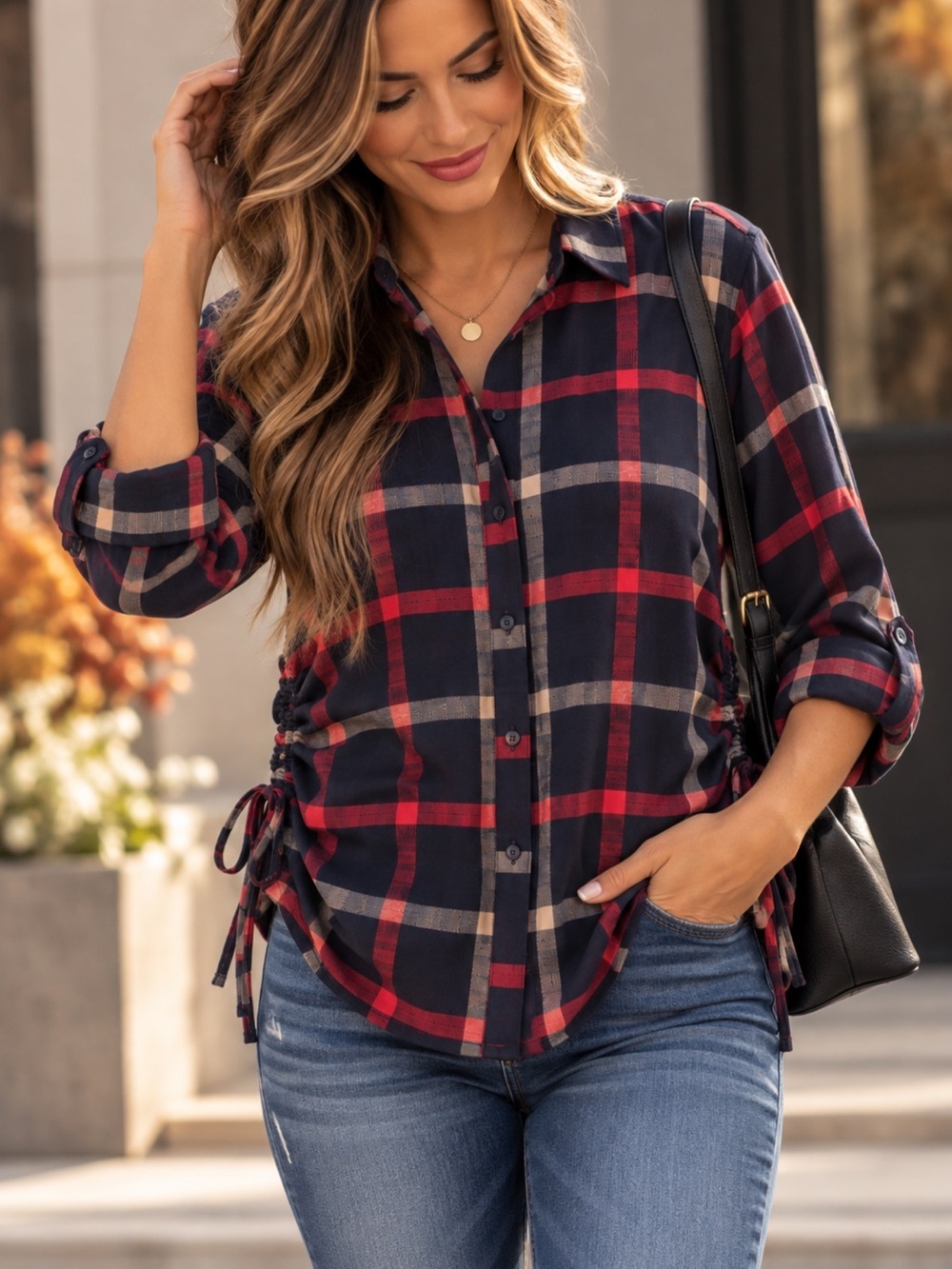 Eden & Olivia Navy, Red and Gray Plaid Button-Front Shirt